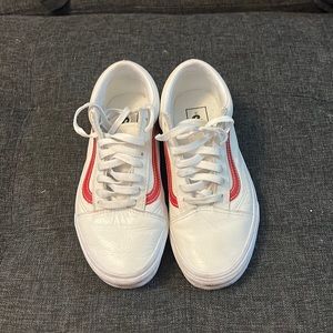 Old Skool Leather Vans with Red Stripe
